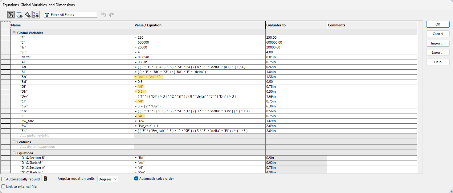 Updated Equations for CAD parametric model